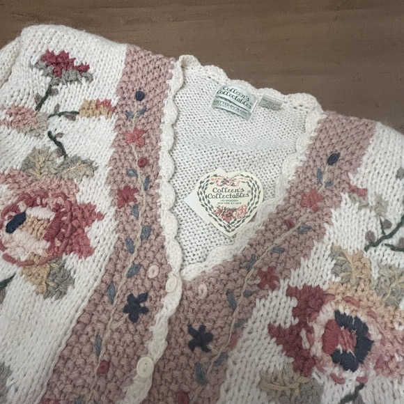 Vintage Colleen's Collectables Cardigan Womens Medium Ivory Floral Hand Knit 90s